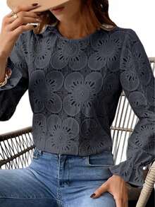 Vintage Lace Hollow Floral Round Neck Long Flared Sleeve Loose Blouse For Women  Blusas De Mujer Elegante Casual Dating Office Tops - 黑色 - 查看 1