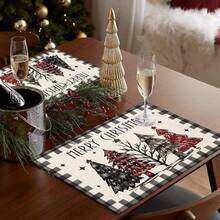 1pc/4pcs Christmas Theme Placemats, Black & White Buffalo Plaid Christmas Tree Placemat Set, Minimalist Faux Linen Rectangular Heat-Resistant Tableware Mat, Suitable For Holiday Gatherings And Parties, Seasonal Christmas Party Kitchen & Dining Decor, 12*18 Inches - Black and White - View 5