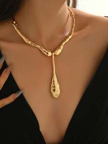1 件不对称几何金属光泽拼接大泪珠吊坠项链，百搭，适合女性日常佩戴、节日、派对和各种场合 - 金黃色 - 查看 2
