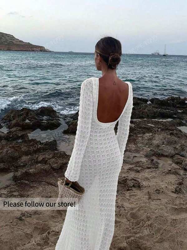 FOR BEAUTY Women's Spring And Summer New Solid Color Slim Fit Sexy Backless Simple And Atmospheric Knitted Long Sleeved Honeymoon Wedding Season Beach Vacation Style See Through Hollow Dress