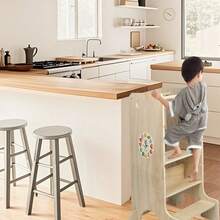 Torre de aprendizaje para niños, torre auxiliar de cocina, taburete de escalada de tablero multicapa, escalera infantil antideslizante, torre de madera para niños pequeños con taburete de altura regulable, taburete auxiliar de cocina para niños pequeños - 90 x 54 x 38 cm - Color de la madera - Ver 6
