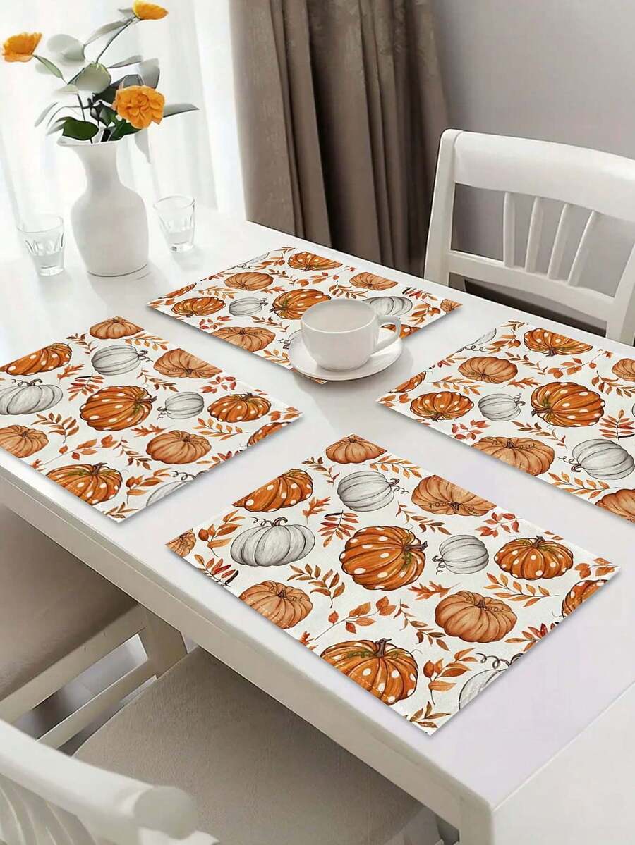 1/4/6/8Pcs Fall Placemats 12x18 Inches, Pumpkin Maple Leaves Orange Autumn Seasonal Farmhouse Burlap Indoor Outdoor Table Mats Decorations For Home Party - Orange - View 1