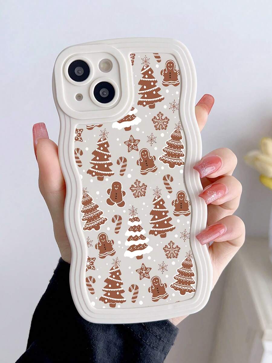 1pc Fashionable & Unique Christmas Tree & Gingerbread Man Graphic Beige Wavy Soft Phone Case Compatible With IPhone 16/16Pro/16Plus/15/15ProMax/15Pro/11/12/13/14ProMax/12Mini/13Mini/11Pro/11ProMax/12Pro/12ProMax/13Pro/13ProMax/14Pro/14ProMax, Creative & Elegant - Multicolor - View 1