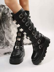 Women's Goth Platform Knee High Boots Fashion Metal Buckle Wedges High Heels Round Toe Zip Punk Combat Boots - Đen A - Xem 3