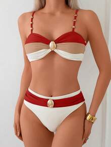 Two-Piece Bikini Swimsuit Set With Crisscross Colorblock Crop Top And Swim Bottoms, Featuring Adjustable Strap Top Decorated With Metallic Beads In Tricolor Cutout And Regular Triangle Bottom - Red - View 1