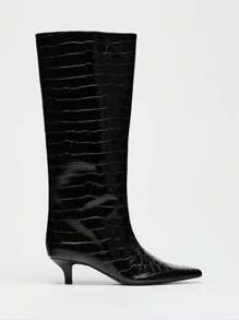 SHEIN ICON Fall/Winter 2025 Summer New Pointed Toe High Heel Thigh High Boots, Button Patchwork Reversible Design For Women - Black - View 2