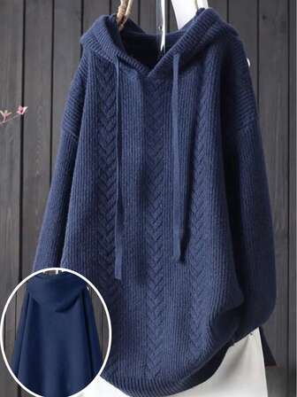 Plus Size Women Cable Knit Loose Fit Pullover Hoodie Sweater, Casual Daily Commute Solid Color, Autumn/Winter