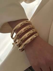 17KM Bộ 4 vòng tay kim loại phong cách Punk dành cho nữ - Thiết kế hình học và tròn, Phụ kiện phù hợp cho cả ngày và tiệc tùng, Bộ vòng tay dự tiệc | Phong cách Punk | Vòng tay tối giản thời trang, Trang sức lấp lánh - Vàng - Xem 7