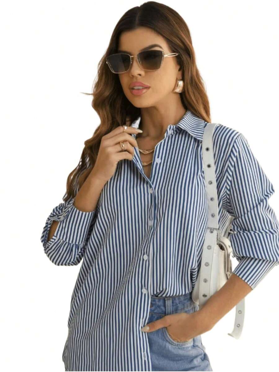 Camisa social feminina listrada Manga blusa social Longa Feminina Listrada com Botões Solta em Tecido Crepe Premium sem Bolso Tendencia Casual Elegânte camisa de serviço feminino camisa social