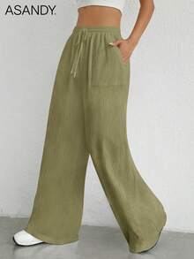 2pcs Set Casual Palazzo Pants, Loose & Slimming Solid Color Drawstring Waist Wide Leg Trousers - White+Green - View 7
