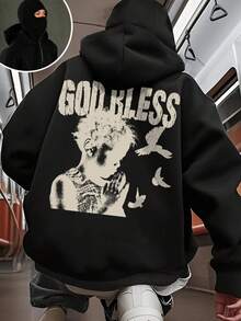 YUNCHIC - Men's Hooded Sweatshirt With Face Mask, Creative Prayer Pattern, Protective Balaclava Design, Autumn/Winter Outdoor Cycling Running Sports Jacket, Side Pockets For Comfort - Black - View 2