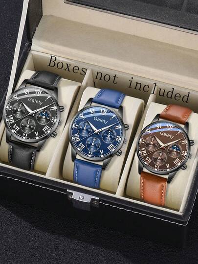 3PCS PU Leather Strap Fashion Men's Watch Set Business Fashion Roman Digital Scale Dial Quartz Watch Set Suitable For Daily Clothing Matching, Perfect Gift For Friends Or Dad