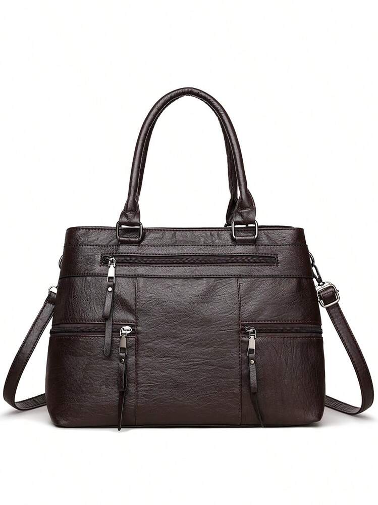 1个女士复古咖啡色手提包，大容量，多个拉链口袋，PU皮革双提手，便携式户外休闲商务多功能单肩包，缝线防盗斜挎包，适合度假、旅行、购物、商务出行 - 咖啡 - 查看 5