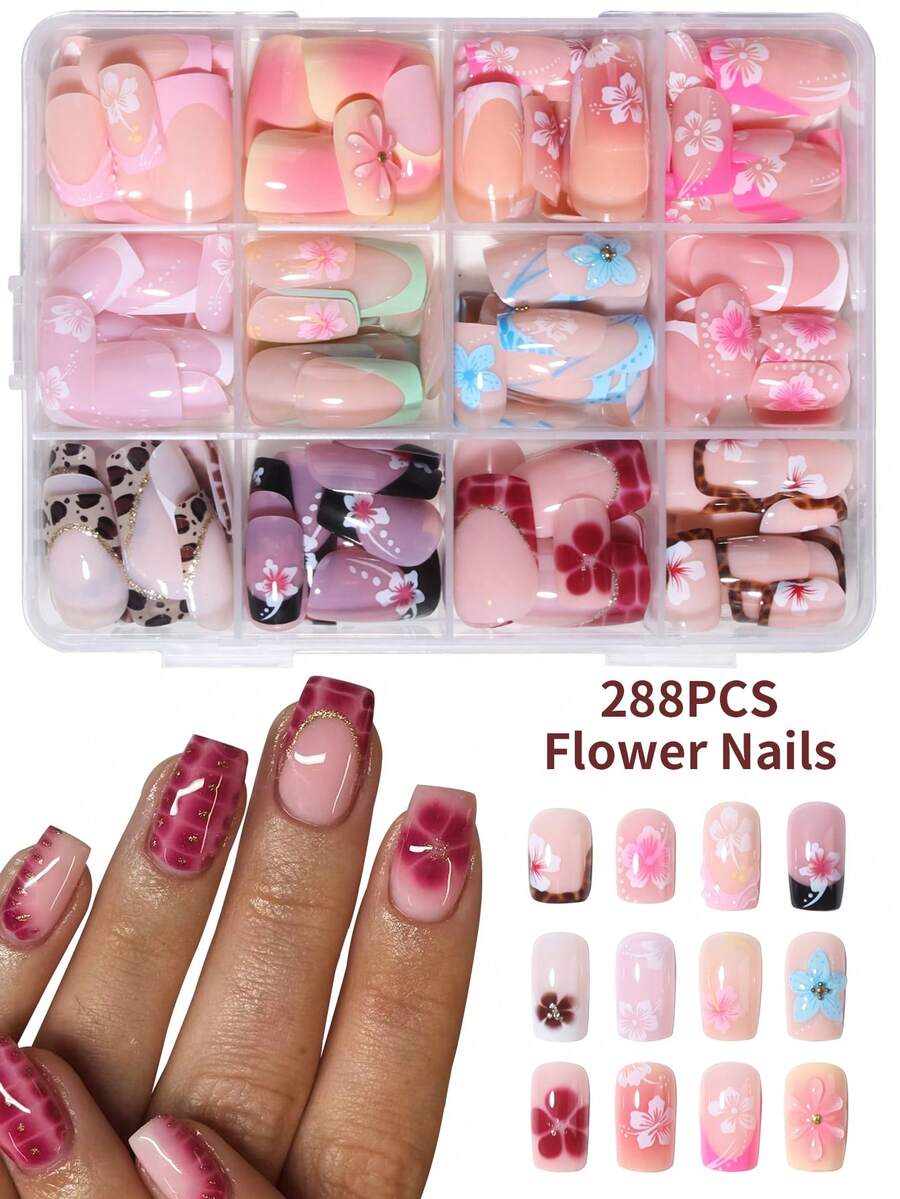 288片（12种不同款式）短方形3D凝胶美甲贴纸，可打造莲花美甲、法式亚克力按压美甲、短款美甲，粉色法式、黄色法式、白色法式设计，完美适配短款假指甲套装。易于佩戴，适合夏季美甲和法式美甲，适合女性、女孩日常工作、派对等场合。美甲用品 - 彩色 - 查看 1