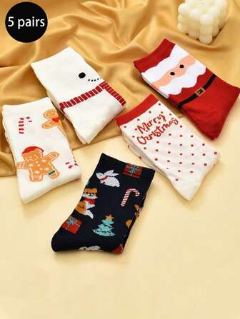 5 Pairs Christmas Cartoon Socks, Christmas Reindeer Mid-Calf Socks, Women's Christmas Socks, Fall