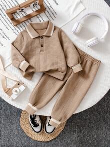 Bhchntiy 2pcs Baby Boy Autumn/Winter New Patchwork Ribbed Polo Collar Jacquard Fabric Solid Color Sweatshirt And Solid Color Jacquard Fabric Pants Casual Fashion Set - Khaki - View 2