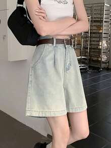 女士休闲水洗宽松褶皱牛仔短裤 - 淺藍色 - 查看 4