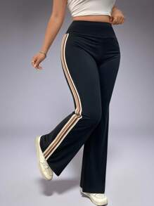 加大码女式高腰喇叭腿条纹运动裤，百搭户外骑行休闲裤