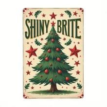 1 peça de mural metálico retrô "brilhante" - Impermeável, estilo rústico, com design de árvore de Natal com estrelas vermelhas e espinhos, ideal para cafés, bares ou decoração de casa. Decoração para cafés | Design natalino retrô | Placa de metal durável, decoração de mural metálico, estilos aleatórios, furos pré-perfurados com designs aleatórios.