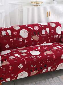 1pc Santa Claus Pattern Stretch Full Coverage Sofa Cover, Modern Style Polyester Fabric, Machine Washable, Suitable For Holiday Decoration - Santa Claus - View 2