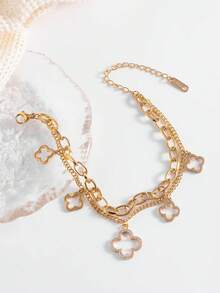 1pc High-Quality Charming Double-Layer Five-Leaf Clover Hollow Stainless Steel Women Bracelet, Suitable For Daily Wear, Party, Shopping, Gift For Women