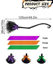 万圣节女巫丝带扫帚，塑料女巫扫帚配 3 种颜色丝带，用于角色扮演扫帚道具女巫扫帚派对装饰，化妆舞会装扮舞会用品 - 彩色 - 查看 3