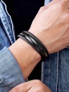 Xiacheng 1/6 件男士编织皮革手链 - 手工牛皮腕带，波西米亚风格合金扣，送给丈夫/男朋友的礼物（黑色） - 黑色 - 查看 5
