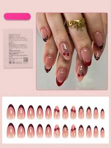 24片中号杏仁形美甲贴纸，豹纹法式美甲，红色3D樱桃图案，复古全覆盖风格，适合女性和女孩日常佩戴，夏季美甲用品 - 彩色 - 查看 2