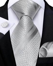Silver Necktie Mens Tie  Handkerchief Cufflinks Set Wedding Formal