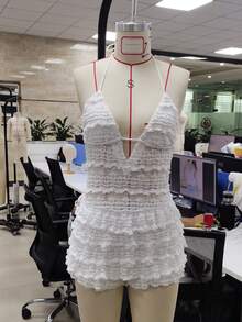 Lace Romper For Women Summer Tiered Ruffle Bloomer Shorts Jumpsuit Y2K V Neck Halter Backless Festival Outfit - 白色 - 查看 8