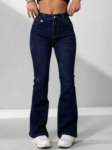 Pantalones vaqueros de tiro alto en azul oscuro con roturas y corte botamanga, estilo retro moderno, versátiles para looks casuales - Azul lavado oscuro - Ver 2