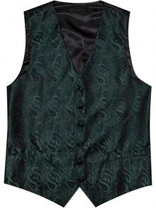 Formal Men Vest V-Neck Suit Vests Tie Bowtie Set Paisley Jacquard Waistcoat Clip Hanky Cufflink Lapel Pin Wedding 8PCShalloween - 綠色佩斯利花紋 - 查看 3