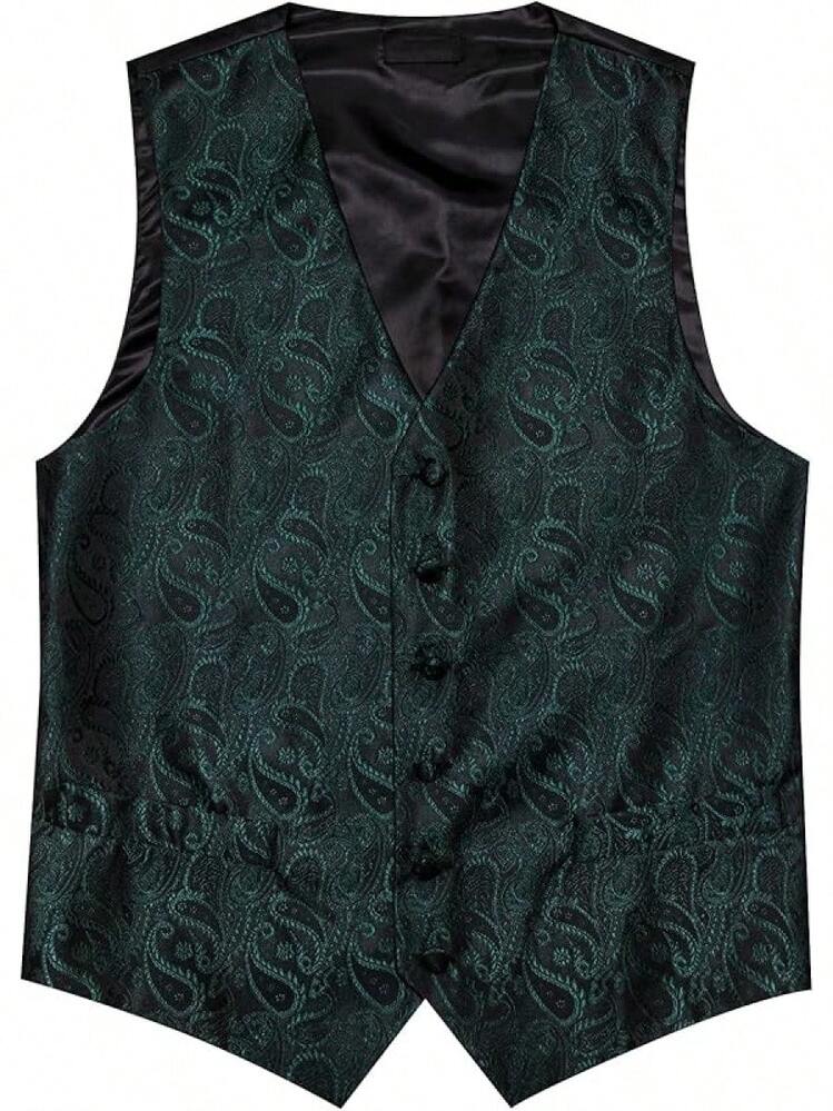 Formal Men Vest V-Neck Suit Vests Tie Bowtie Set Paisley Jacquard Waistcoat Clip Hanky Cufflink Lapel Pin Wedding 8PCShalloween - 綠色佩斯利花紋 - 查看 3
