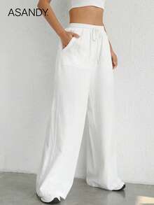 2pcs/Set Loose Fit Wide Leg Pants, Drawstring Waist Plain Color Casual Trousers Summer - Multicolor - View 4