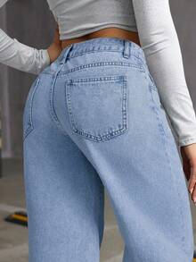 Vintage Washed Blue Floral Embroidered Denim Women Casual Loose Wide Leg Straight Pants, Chic Winter Christmas New Year Thanksgiving