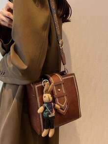 Túi xách đeo vai kiểu dáng retro đa năng màu trơn có chữ cái, dây đeo điều chỉnh được, phong cách thu đông mới, túi xô tối giản thường ngày, phù hợp cho đi làm, mua sắm và hẹn hò. - Cà phê - Xem 4