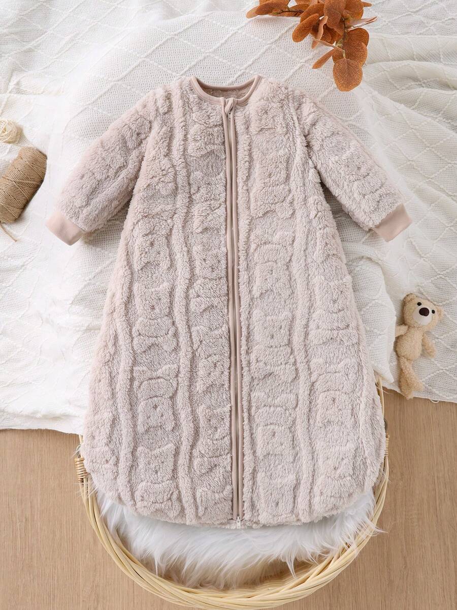 Autumn/Winter Baby Bear Long Sleeve Fleece Sleeping Bag, Reversible With Hidden Zipper, Soft & Comfortable Swaddle Infant Supplies - Apricot - View 1