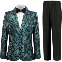 Teen Boy Jacquard Tuxedo 3 Piece Suit Set - Bow Tie Included For Wedding Prom - 綠色 - 查看 1