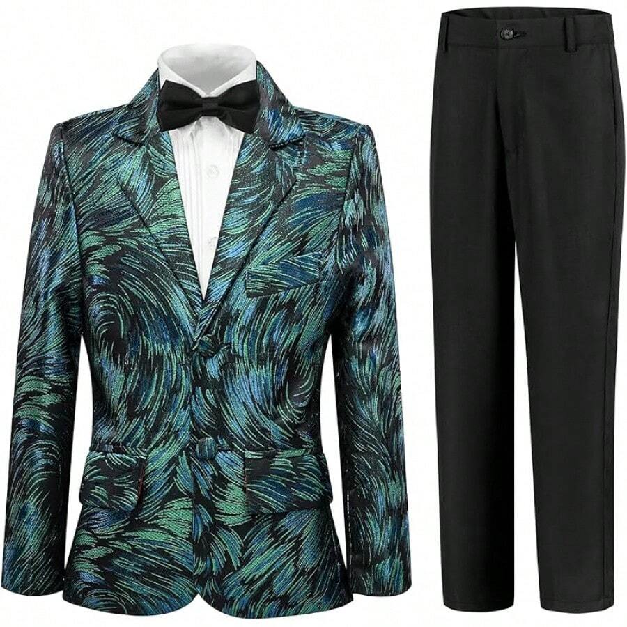 Teen Boy Jacquard Tuxedo 3 Piece Suit Set - Bow Tie Included For Wedding Prom - 綠色 - 查看 1