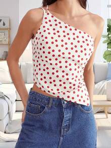 Women One-Shoulder Top, Sleeveless Dots Print Irregular Slim Fit Tank Top Summer Clubwear - Đỏ - Xem 2