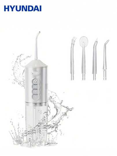 HYUNDAI Irrigador oral inalámbrico y portátil con múltiples boquillas, 4 cabezales y 3 modos, limpiador de dientes potente con agua para uso doméstico y viajes