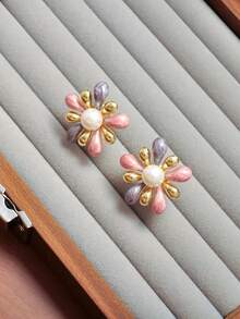 1 par de elegantes pendientes de mujer con diseño de fuegos artificiales vintage esmaltados, con perlas incrustadas, adecuados para uso diario - fuegos artificiales - Ver 7