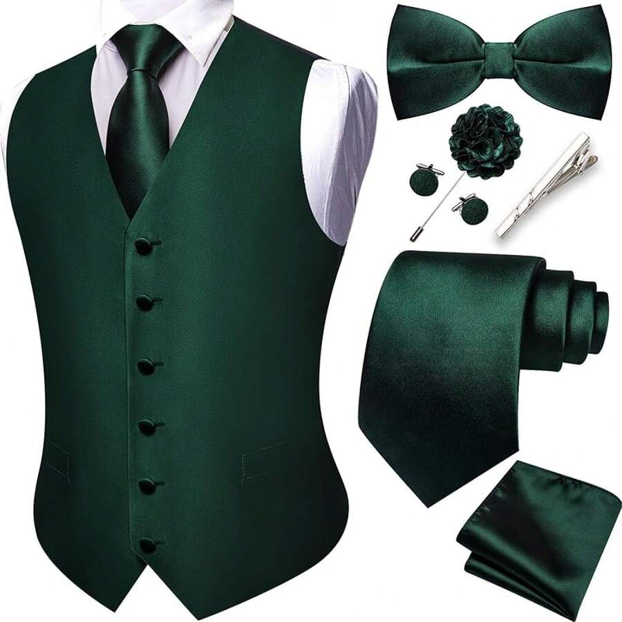 Formal Men Vest V-Neck Suit Vests Tie Bowtie Set Paisley Jacquard Waistcoat Clip Hanky Cufflink Lapel Pin Wedding 8PCShalloween - 翡翠綠 - 查看 1