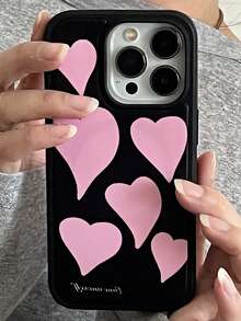 Ốp lưng điện thoại màu đen bóng hình trái tim hồng đáng yêu, tương thích với iPhone 16 15 14 13 12 11 Pro Max, viền đen thời trang, chống sốc. - yêu - Xem 1