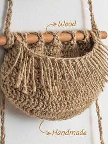 1 juego de bolsas colgantes tejidas a mano de 3 capas, estante de cocina, estante de almacenamiento de frutas y artículos diversos para la puerta de la pared, canasta colgante de cuerda de algodón, estante colgante de pared de 3 capas, bolsas colgantes de almacenamiento de artículos diversos - Marrón - Ver 5