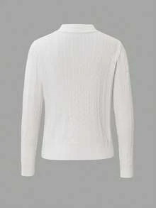 Vera Lane 冬季秋季服装女装骑士刺绣休闲优雅女孩可爱学院风Polo扭纹图案上衣长袖毛衣T恤万圣节约会夜服装女装韩版圣诞毛衣 - 白色 - 查看 4