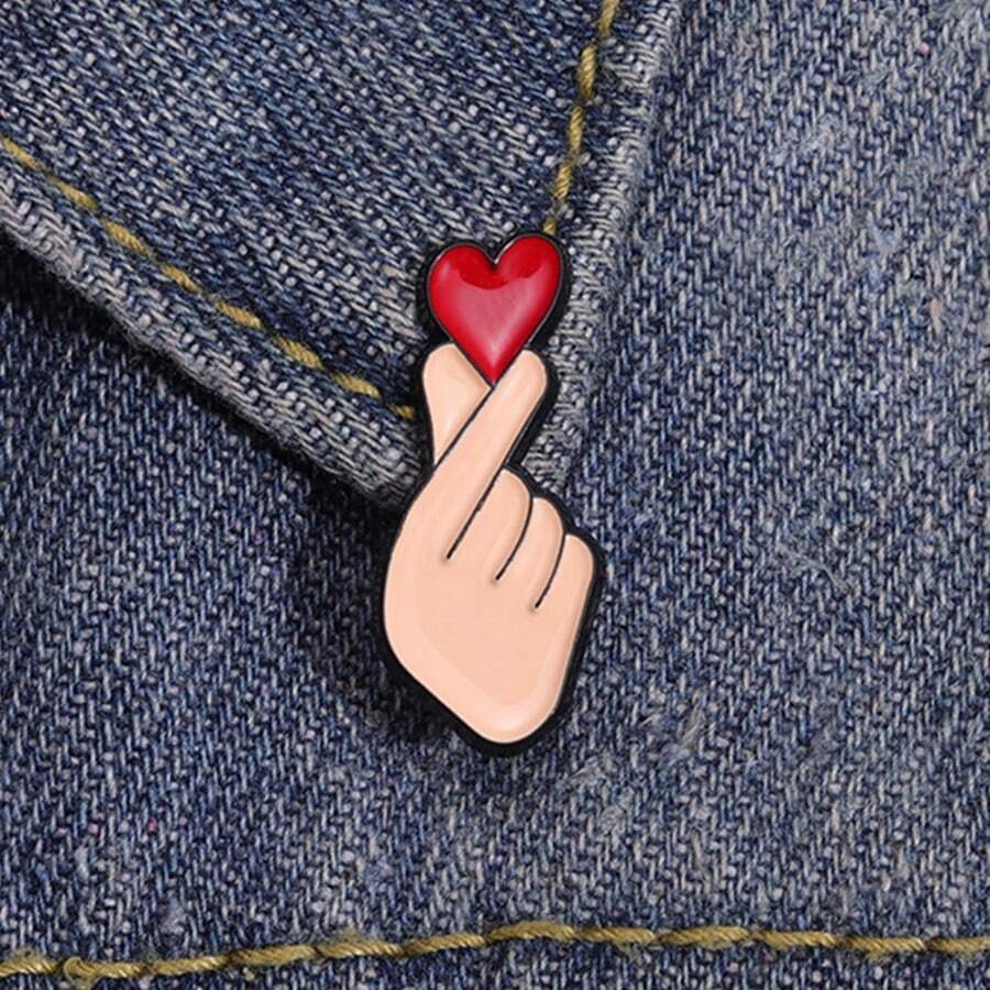 Finger Heart Enamel Lapel Pin, Cute Hand Gesture Brooch, Heart Alloy Badge For Clothing Backpack Decoration - A - View 1