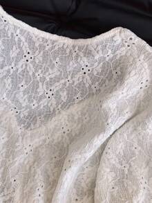 Selcouth Plus Size Women Solid Color Casual V-Neck Long Sleeve Tie Front Shirt, Floral Jacquard Textured Long Sleeve Fitted Top, Fall Outerwear Tops For Women - White - View 5