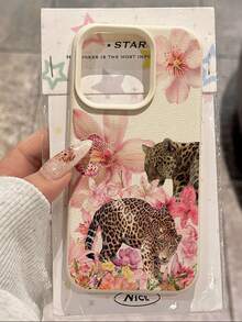 Fierce Animals 1pc Cute Vintage Floral & Leopard Print Textured Soft Protective Phone Case, Shockproof & Anti-Slip, Compatible With Apple, Phones