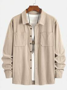 畅销轻薄灯芯绒男士休闲衬衫外套，翻领，纽扣前襟，长袖，双口袋设计，适合日常休闲、时尚简约外出、舒适居家及街头穿着，春季薄款长袖衬衫 - 卡其色 - 查看 3
